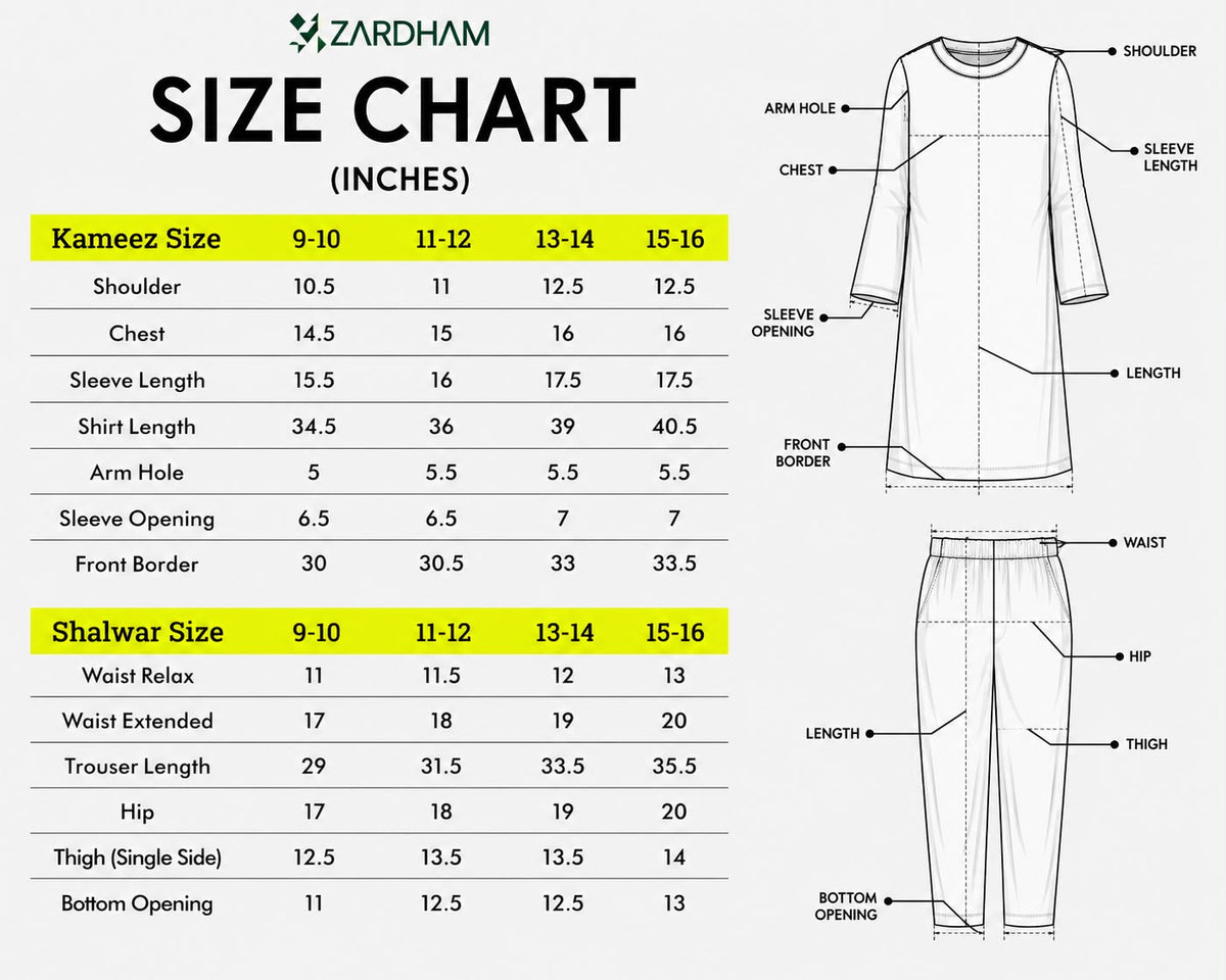 Size Chart for Sehar – Mint Frock with Sharara
