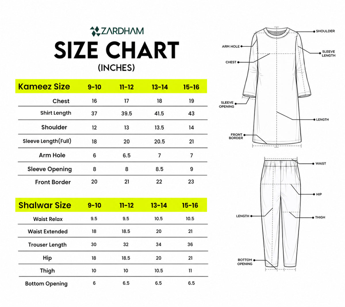 Size Chart for Shehnai Elegance
