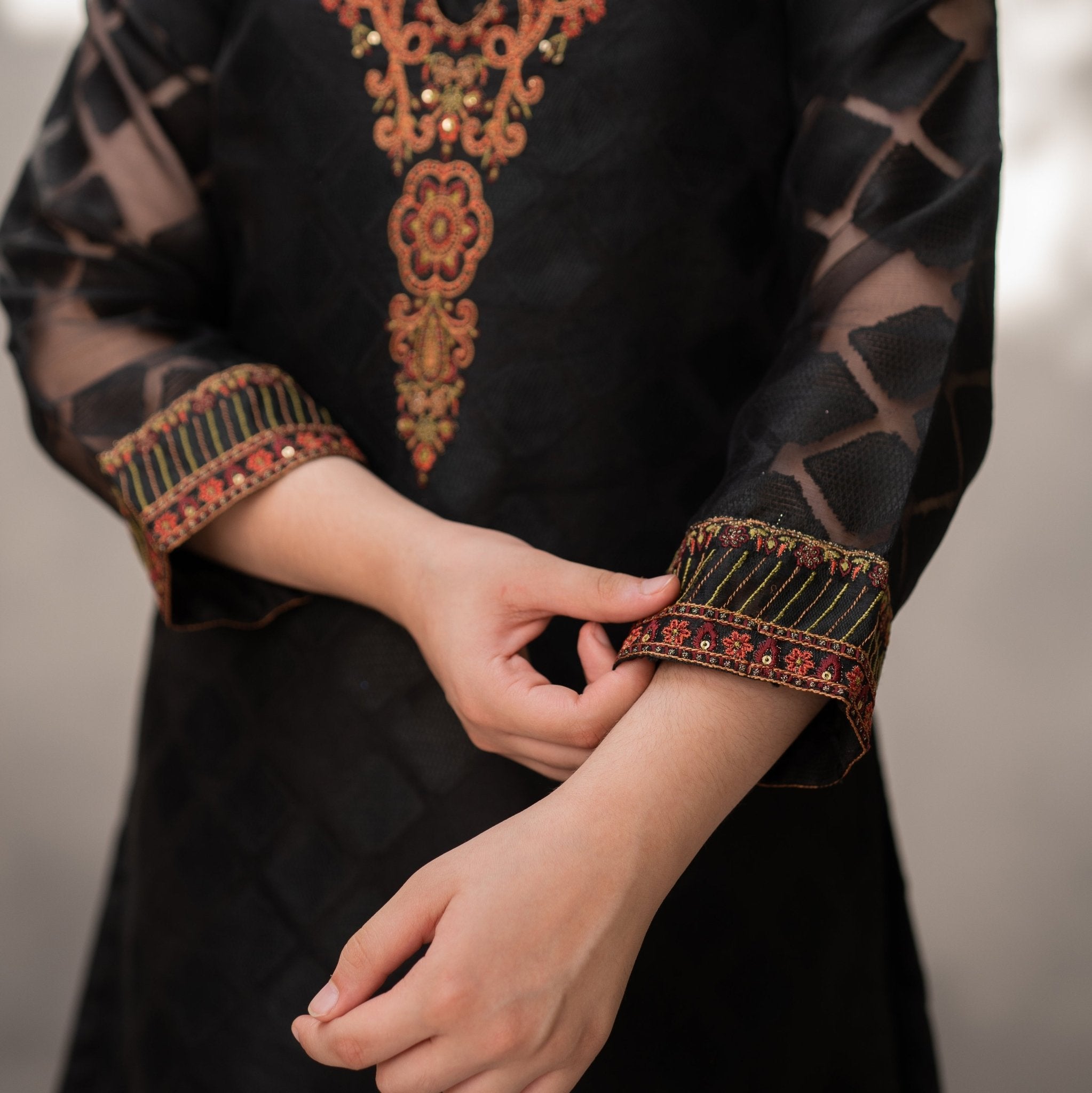 Close view of AURELIA kurta bodice embroidery, Zardham girls' festive collection