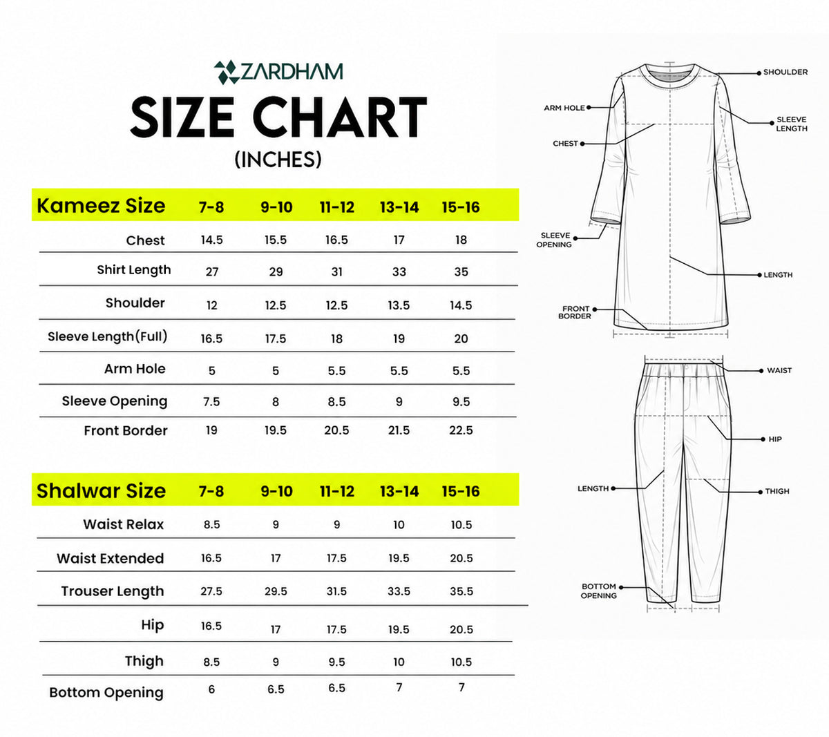 Size Chart for Velour Noire
