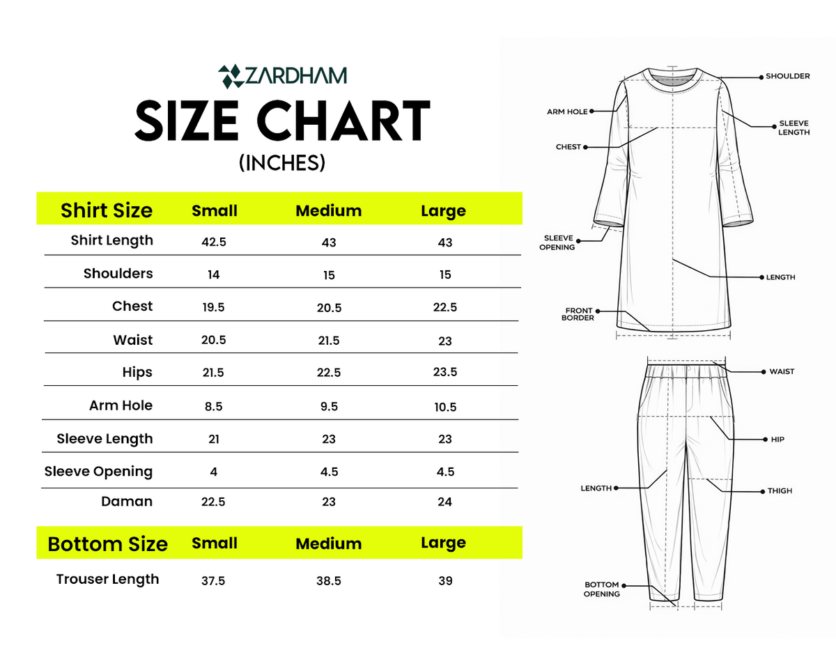 Size Chart for Zaynah – Appliqué Organza Set