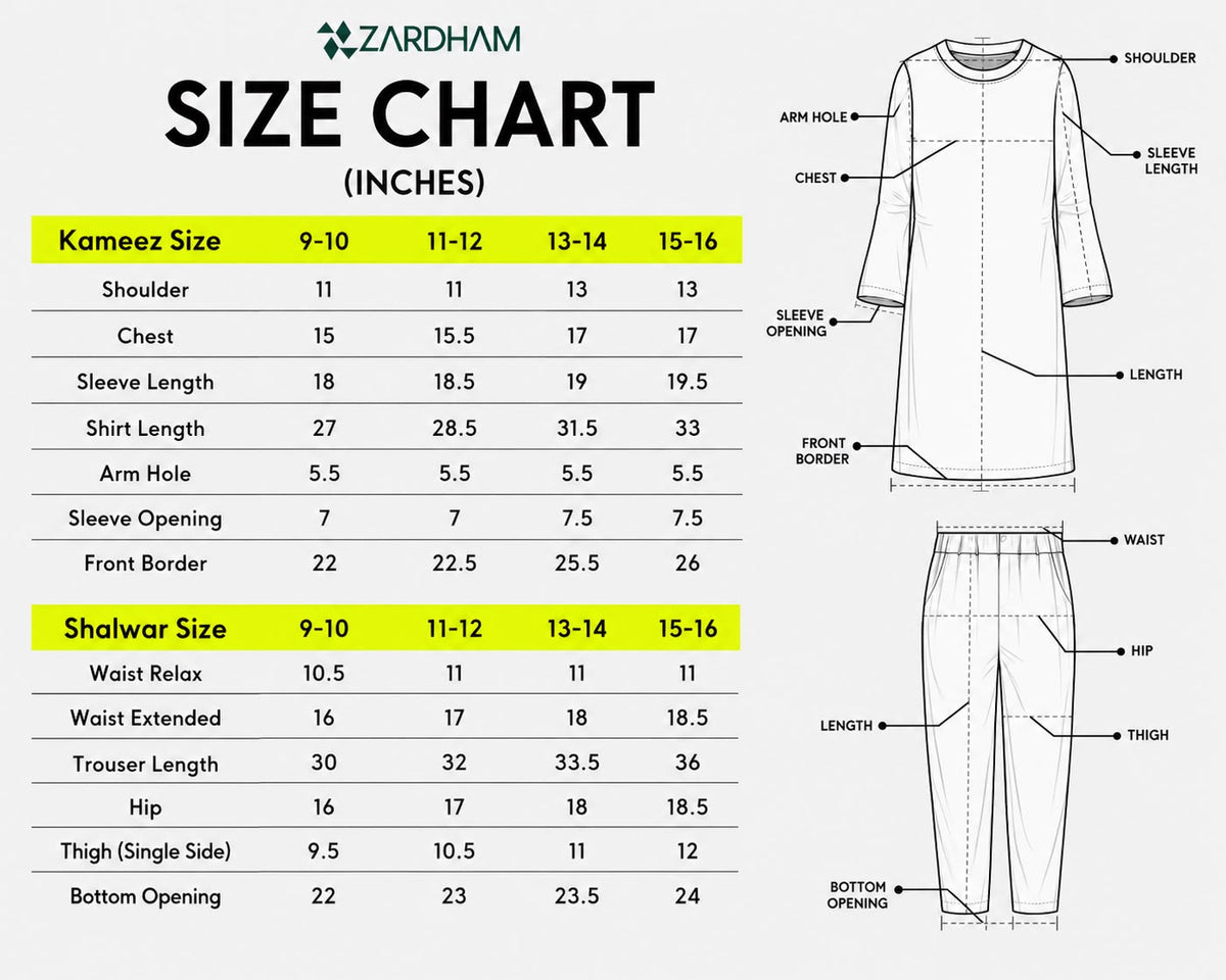 Size Chart for Zumurrud – Bottle Green Sharara Suit