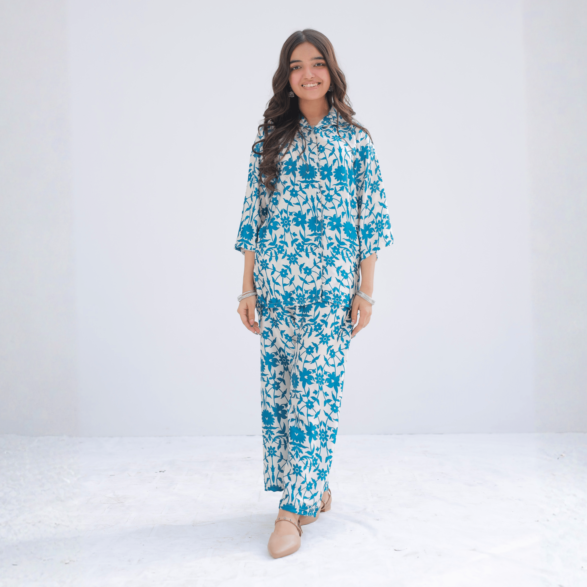 Blue Whisper girls' ethnic set by Zardham styled with dupatta, studio shot