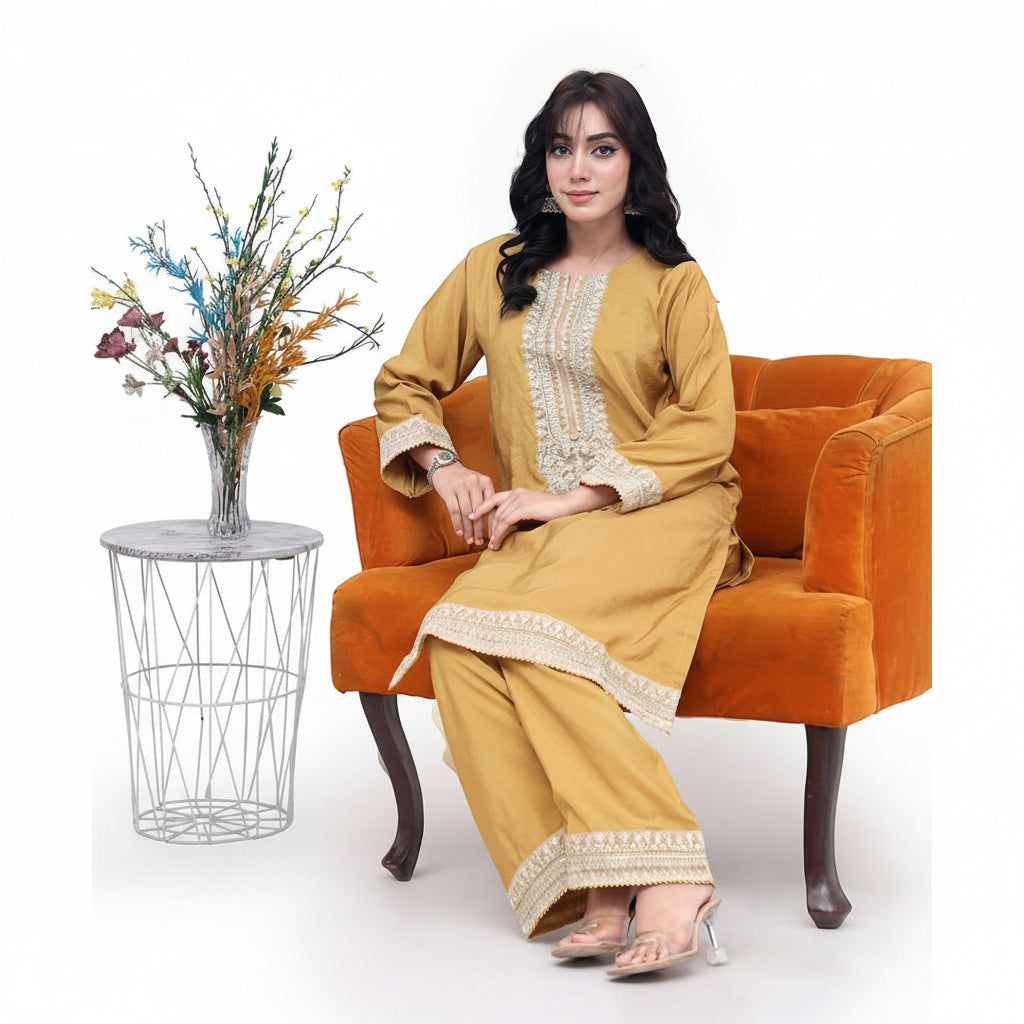 Zardham Nayra embroidered raw silk set in mustard, full front view for women