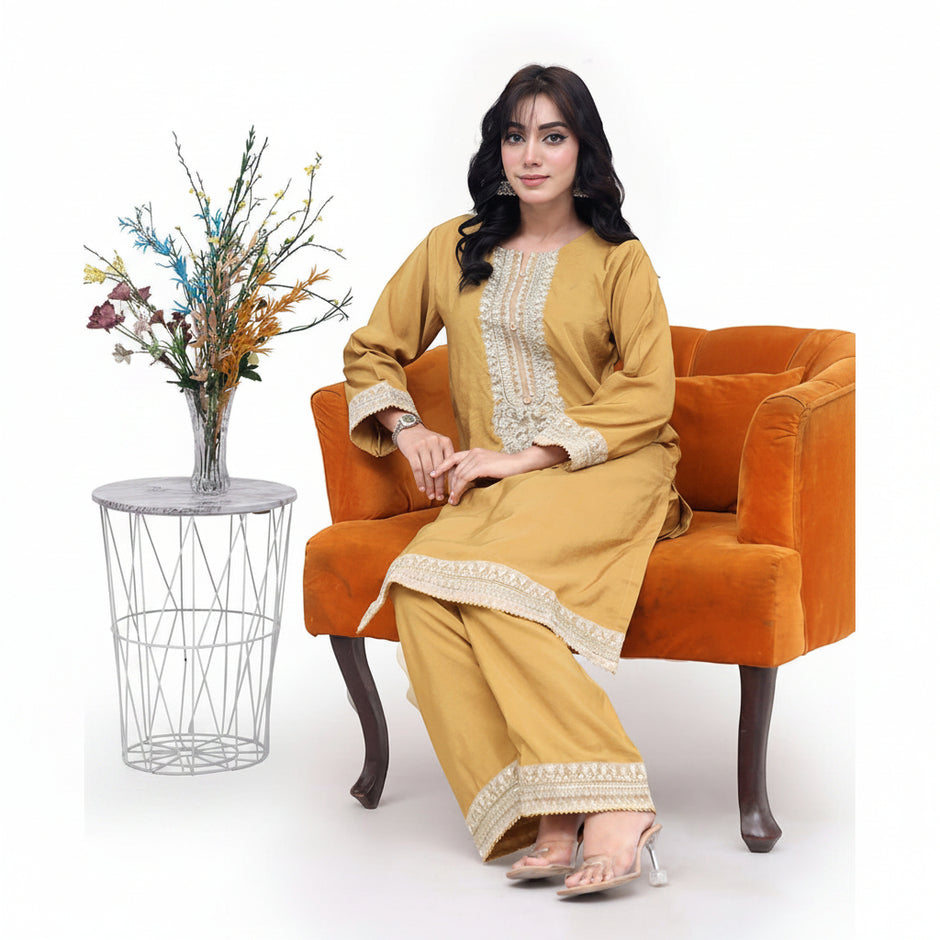 Zardham Nayra embroidered raw silk set in mustard, full front view for women