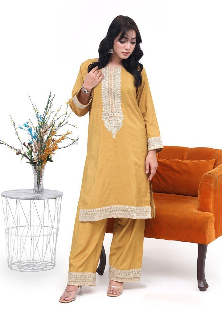 Nayra mustard raw silk set by Zardham, close view of embroidery detail