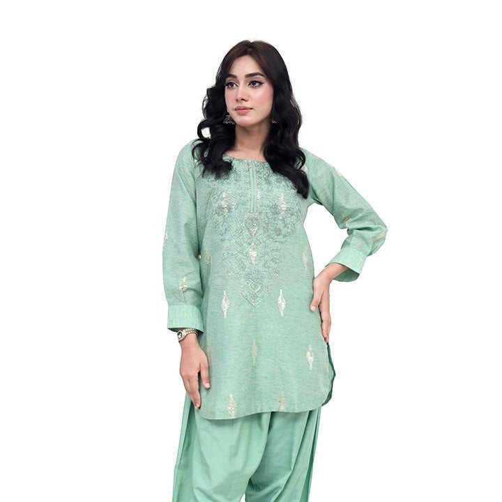 Zayra farshi shalwar set by Zardham, close view of green embroidery work