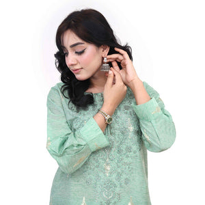 Zayra green embroidered jacquard shalwar set by Zardham, styled women's shot