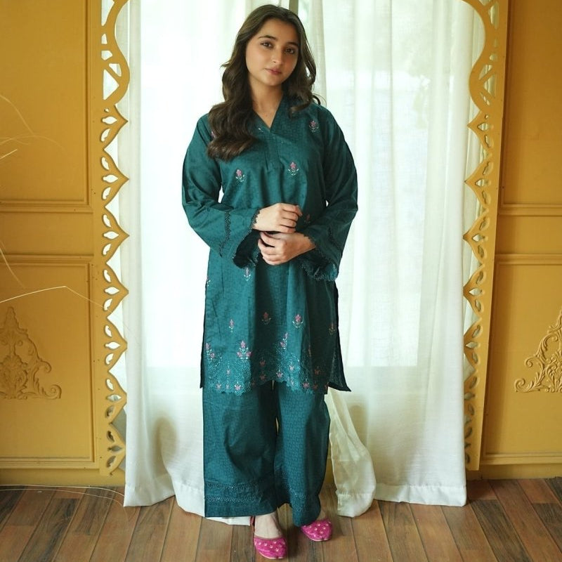 Girl wearing Zardham Midnight Navy embroidered cotton suit, full front view