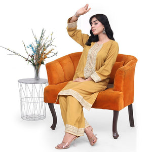 Nayra mustard embroidered raw silk set by Zardham, full-length women's shot