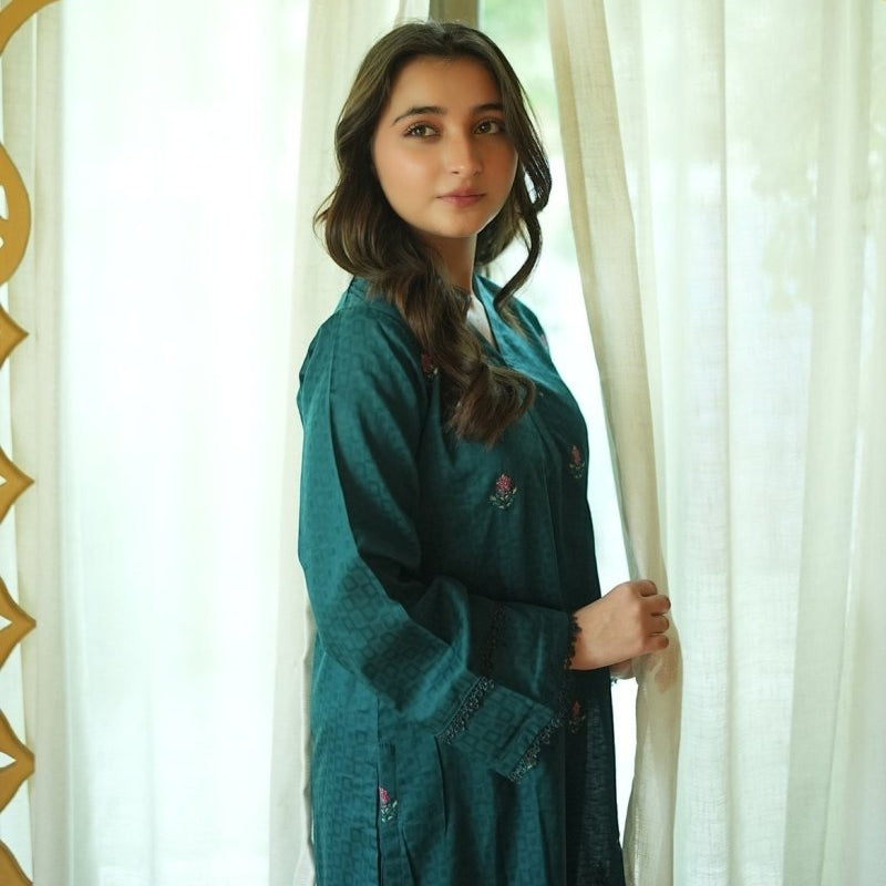Midnight Navy embroidered cotton set by Zardham, teal-toned detail view