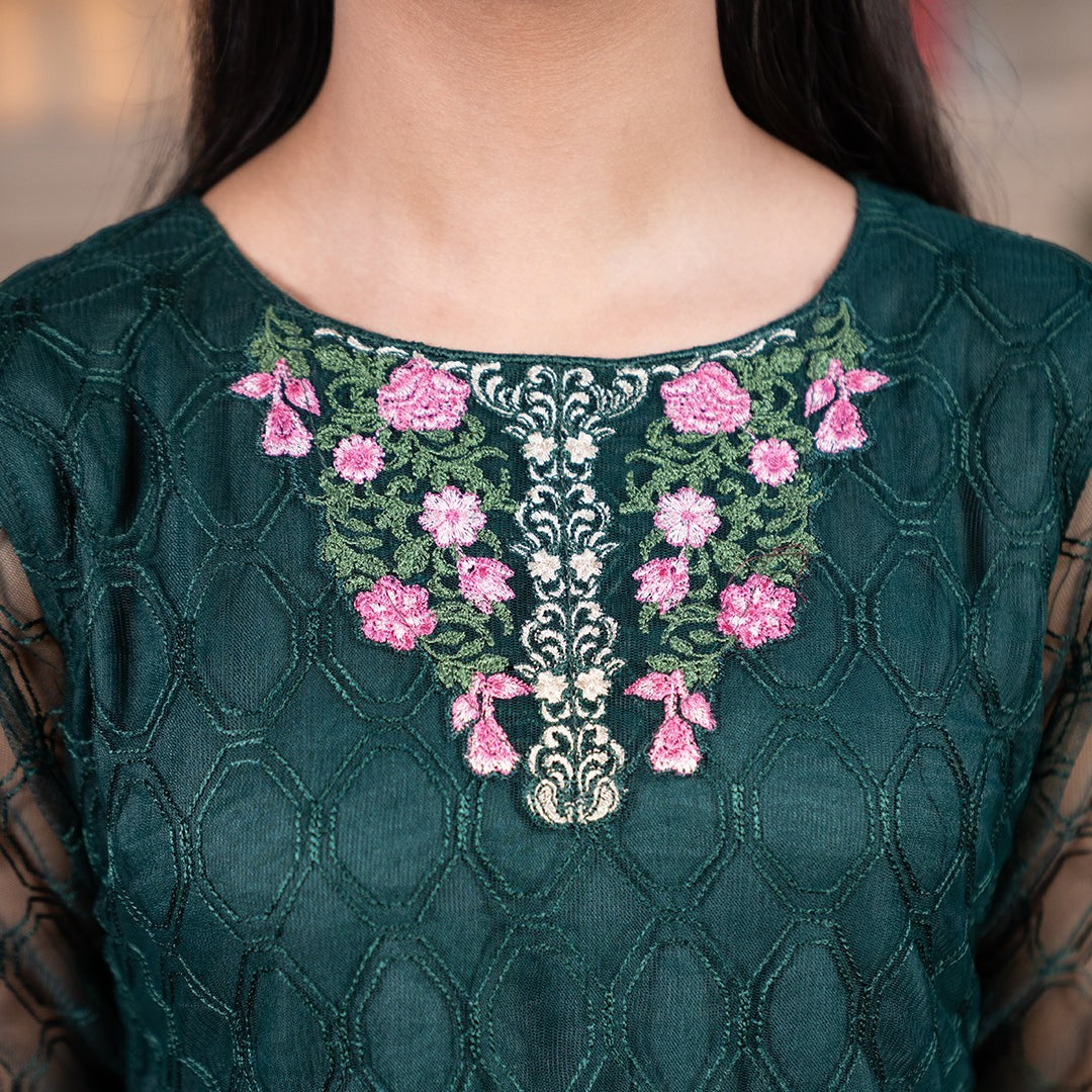 Zardham – Trendy Clothing for Girls & Women bottle green net shirt with pink floral embroidery and scalloped neckline