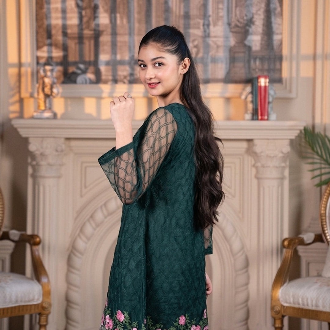 Zardham – Trendy Clothing for Girls & Women bottle green net sharara suit with pink floral embroidery and sheer sleeves