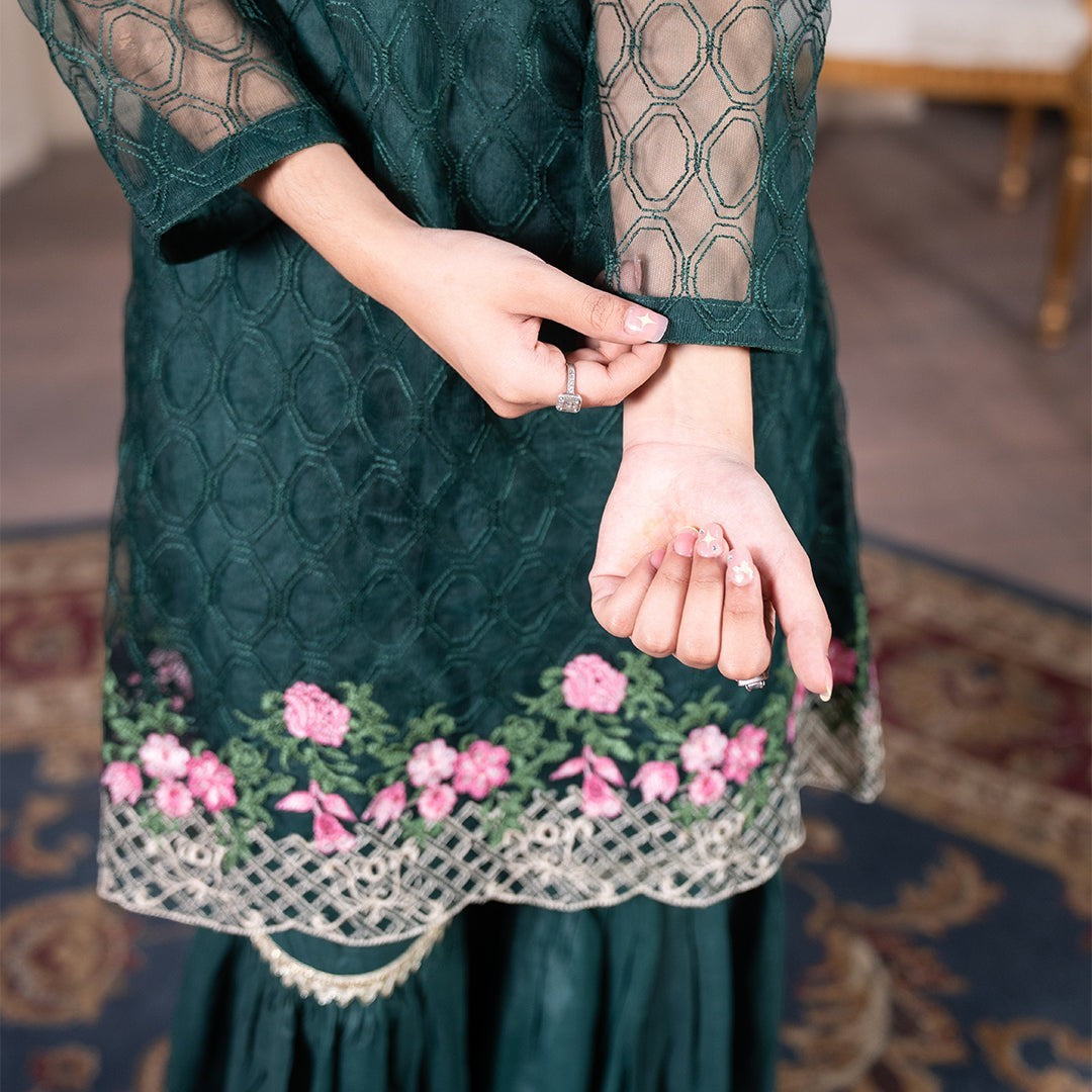 Zardham – Trendy Clothing for Girls & Women bottle green net sharara suit with pink floral embroidery and scalloped hem