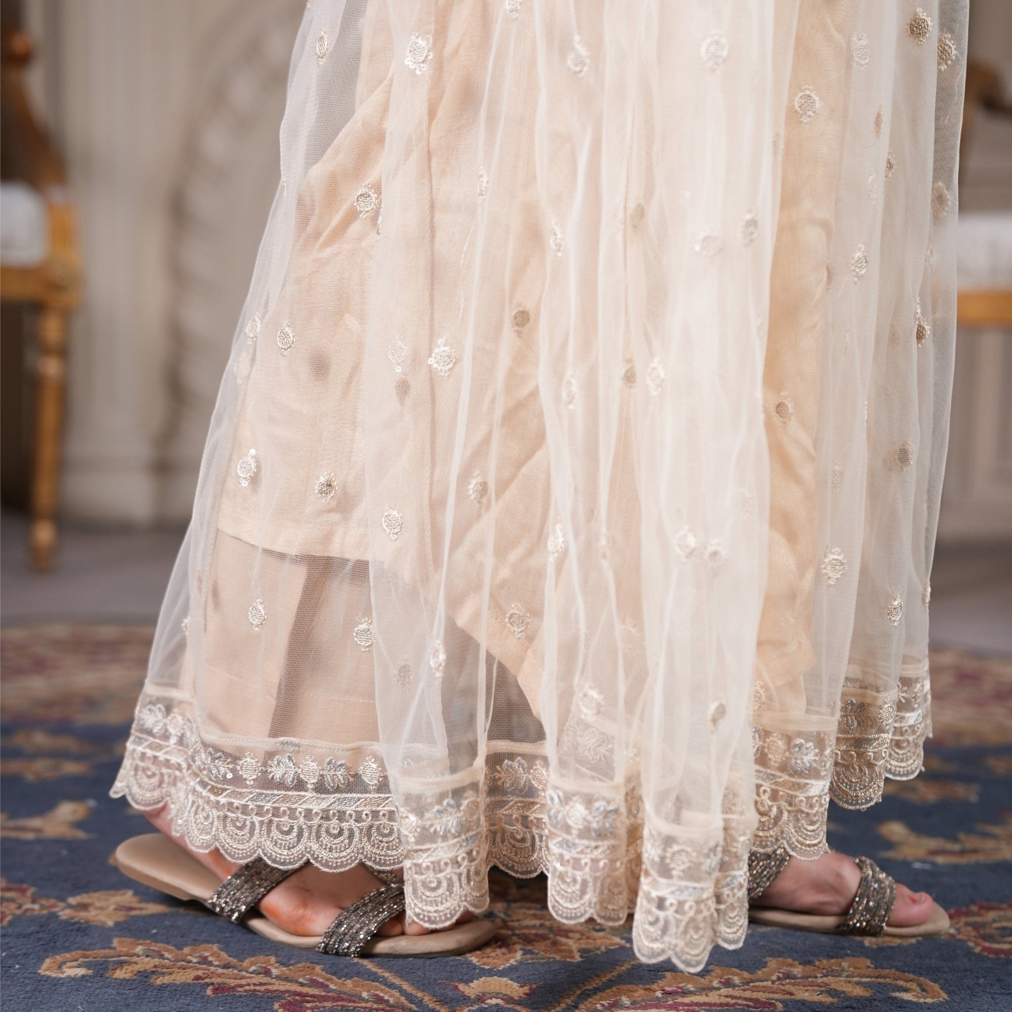 Zardham – Trendy Clothing for Girls & Women ivory net maxi with floral embroidery and scalloped lace hem over raw silk