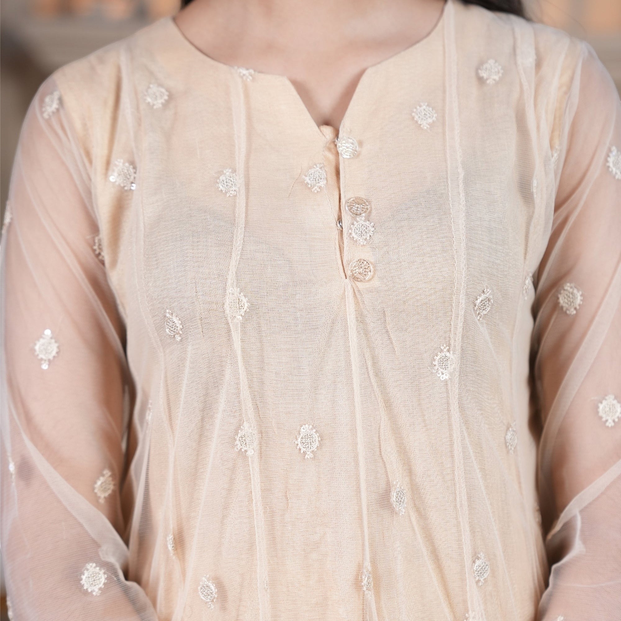 Zardham – Trendy Clothing for Girls & Women ivory net maxi with delicate floral embroidery over a raw silk base.