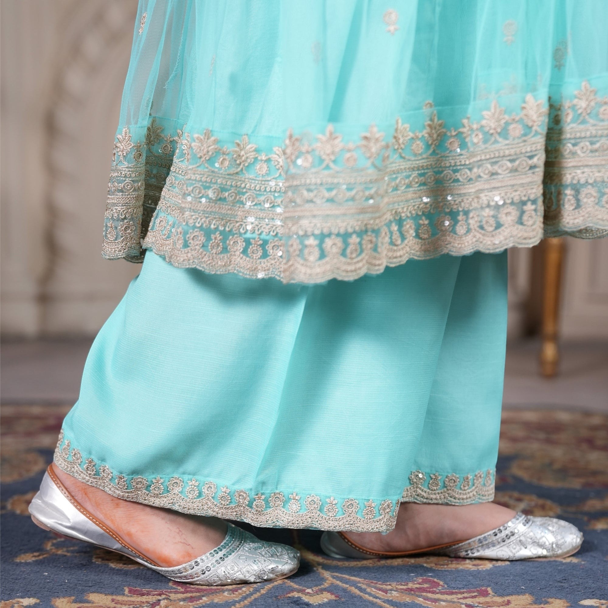 Zardham – Trendy Clothing for Girls & Women mint net frock with gold floral embroidery and matching raw silk sharara.