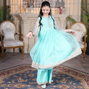 Zardham – Trendy Clothing for Girls & Women mint net frock with gold floral embroidery and matching raw silk sharara.