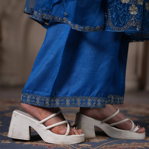 Zardham – Trendy Clothing for Girls & Women royal blue raw silk trousers with gold and silver embroidered hem detail