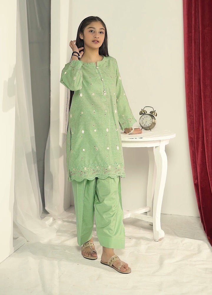 Close view of gold tilla work on the Sage Green kurta, Zardham girls' collection