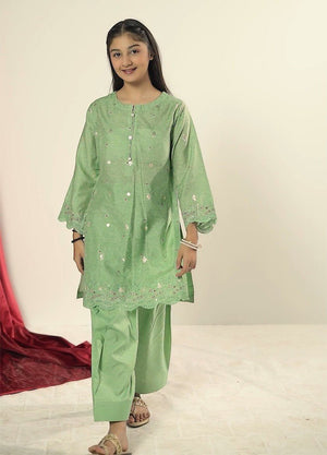 Sage Green Tilla ethnic set by Zardham, three-quarter angle on young model