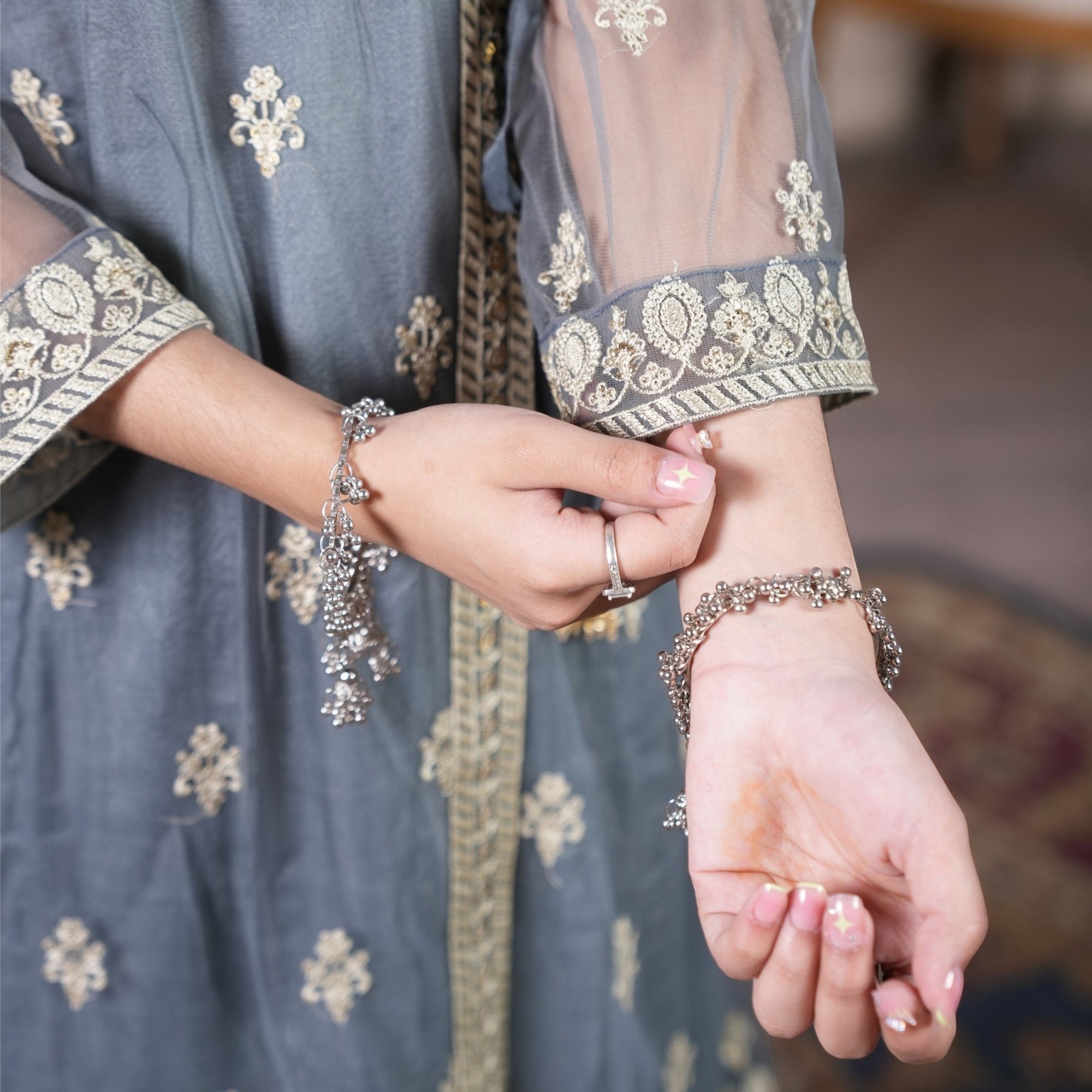 Zardham – Trendy Clothing for Girls & Women slate grey raw silk Angrakha suit with gold floral embroidery and net sleeves
