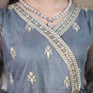Zardham – Trendy Clothing for Girls & Women slate grey raw silk Angrakha kurta with gold floral embroidery and lace.