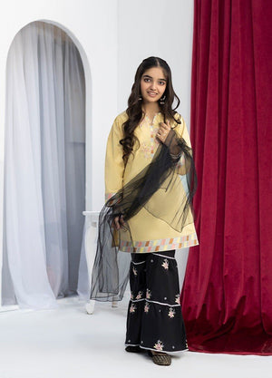 Girl wearing Zardham Antique Gold & Black gharara set with gold embroidery, full front view