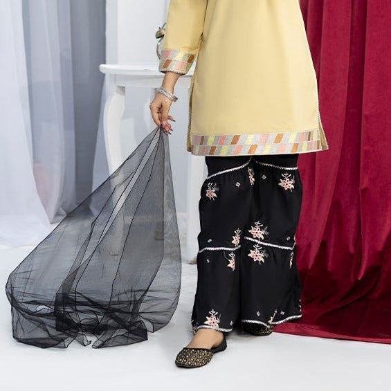 Antique Gold & Black gharara set by Zardham, close view of gold embroidery work