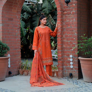 Zenoria - Zardham – Trendy Clothing for Girls & WomenWomen's ClothingZardham – Trendy Clothing for Girls & Women orange three-piece cotton suit with sequin embroidery and printed dupatta