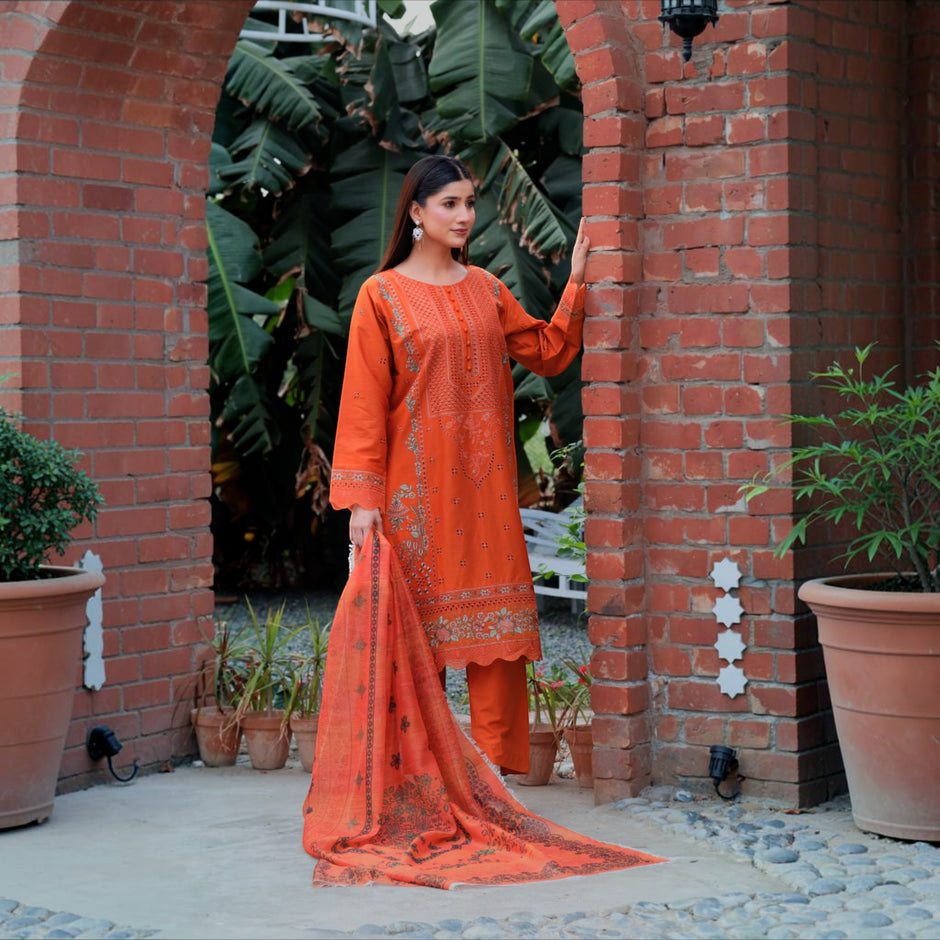 Zenoria - Zardham – Trendy Clothing for Girls & WomenWomen's ClothingZardham – Trendy Clothing for Girls & Women orange three-piece cotton suit with sequin embroidery and printed dupatta