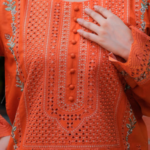 Zenoria - Zardham – Trendy Clothing for Girls & WomenWomen's ClothingZardham – Trendy Clothing for Girls & Women orange cotton shirt with intricate sequin embroidery and cutwork detail