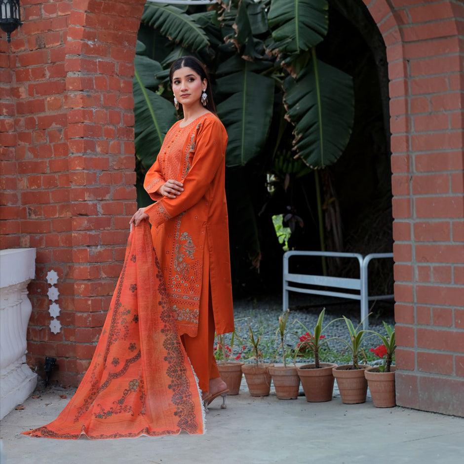 Zenoria - Zardham – Trendy Clothing for Girls & WomenWomen's ClothingZardham – Trendy Clothing for Girls & Women orange three-piece suit with sequin embroidery and printed chiffon dupatta