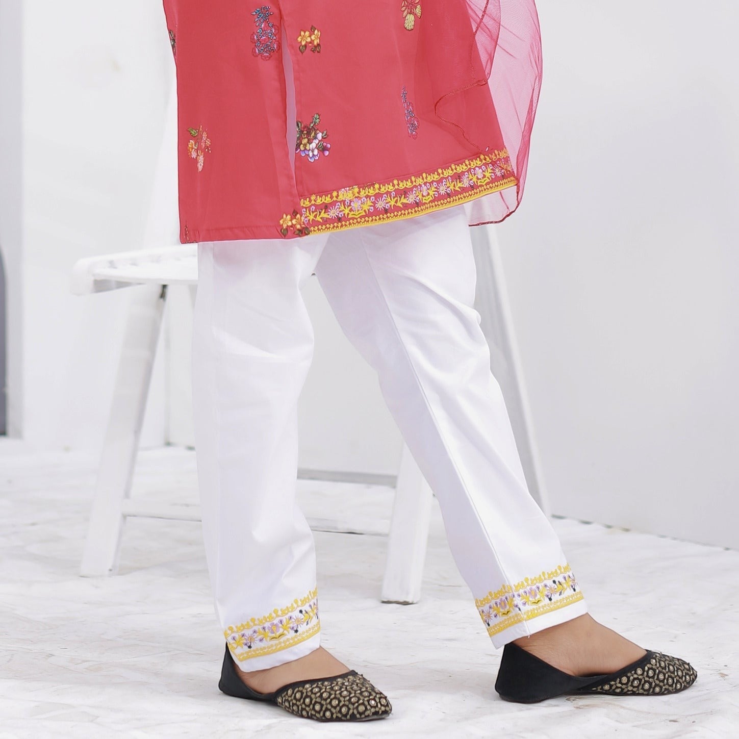 Crimson Red - Zardham – Trendy Clothing for Girls & WomenGirls' ClothingZardham – Trendy Clothing for Girls & Women red kurta with white straight-fit pants featuring embroidered hem details