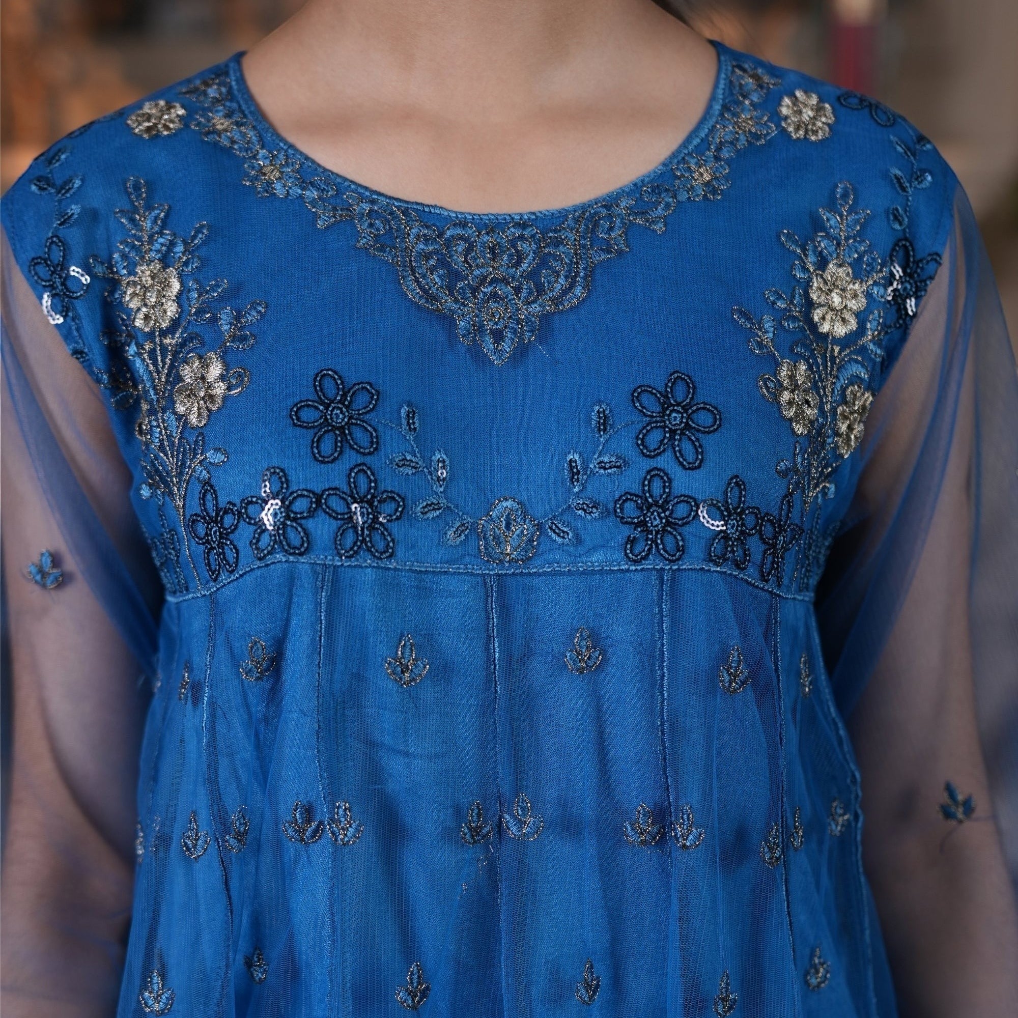 Zardham – Trendy Clothing for Girls & Women royal blue net Anarkali with gold and silver floral embroidery.
