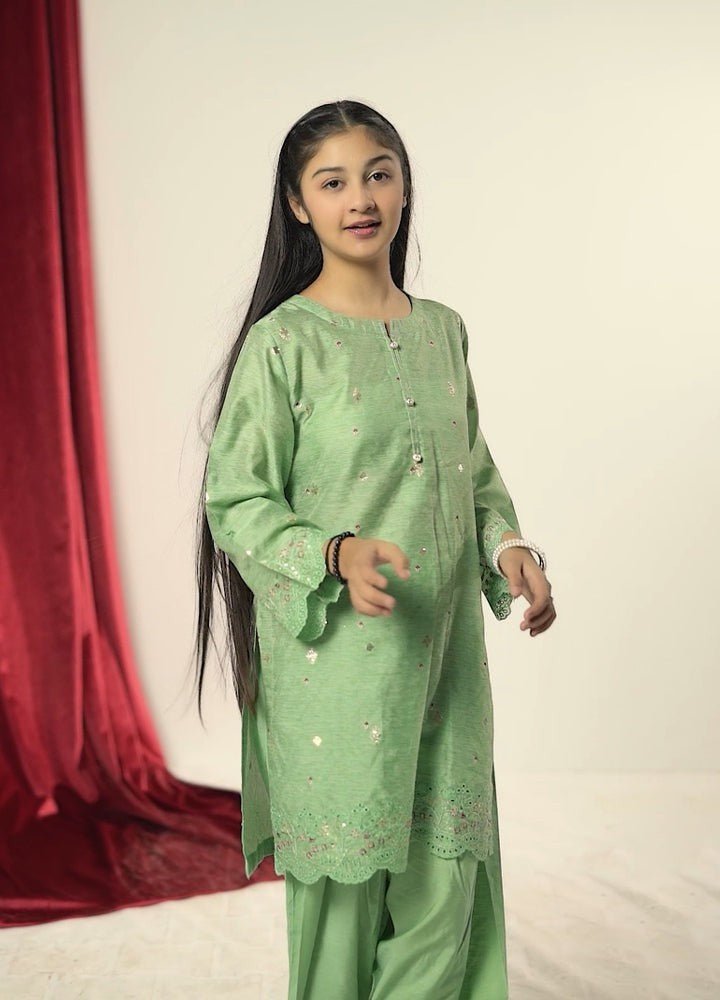 Zardham Sage Green Tilla set with dupatta drape, standing pose