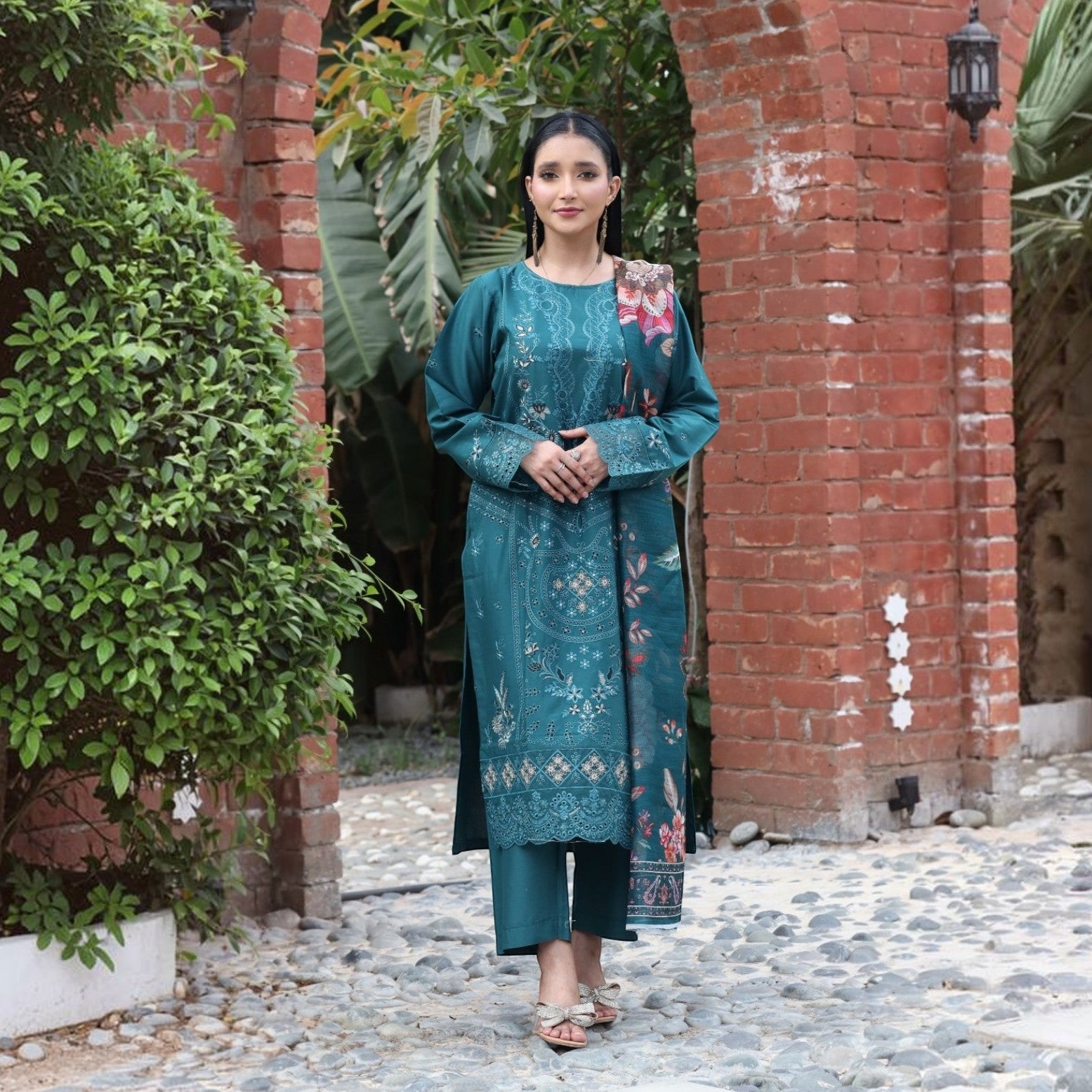 Sorella - Zardham – Trendy Clothing for Girls & WomenWomen's ClothingZardham – Trendy Clothing for Girls & Women Sorella teal cotton 3-piece suit with sequin embroidery and printed dupatta